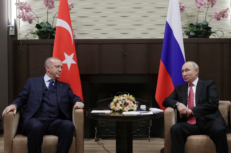 Presidents Recep Tayyip Erdogan and Vladimir Putin in Sochi, Russia, in 2021. EPA