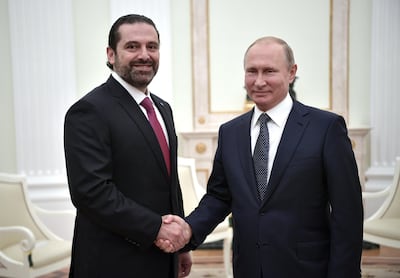 epa06804774 Russian President Vladimir Putin (R) shakes hands with Lebanese Prime Minister Saad Hariri (L) during their meeting in the Kremlin in Moscow, Russia, 13 June 2018.  EPA/ALEXEY NIKOLSKY / SPUTNIK / KREMLIN POOL / POOL MANDATORY CREDIT