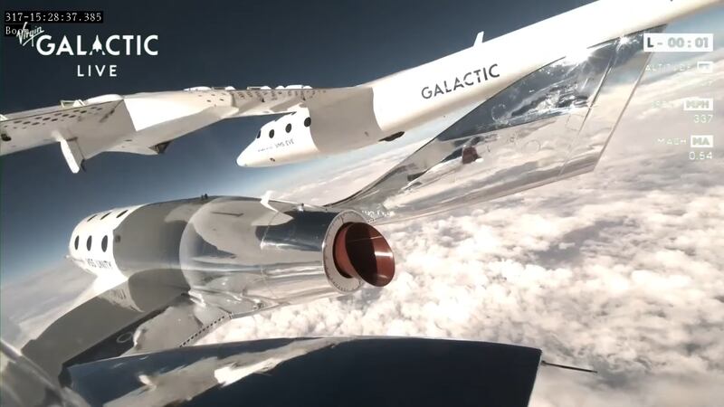The Virgin Galactic mothership releases the VSS Unity spaceplane, so it can climb to the edge of space.