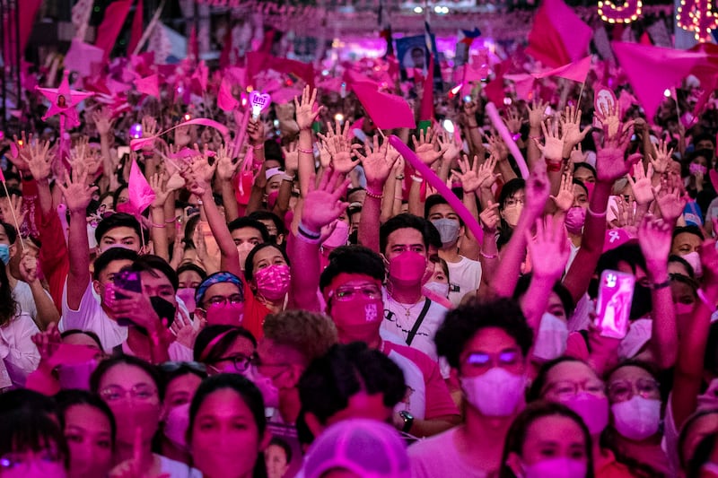 Ariana Grande shared videos on her Instagram stories, which showed Emerald Avenue in Pasig City, east of Metro Manila in the Philippines, filled with a sea of pink, the official colour of 2022 presidential hopeful Leni Robredo. Getty Images