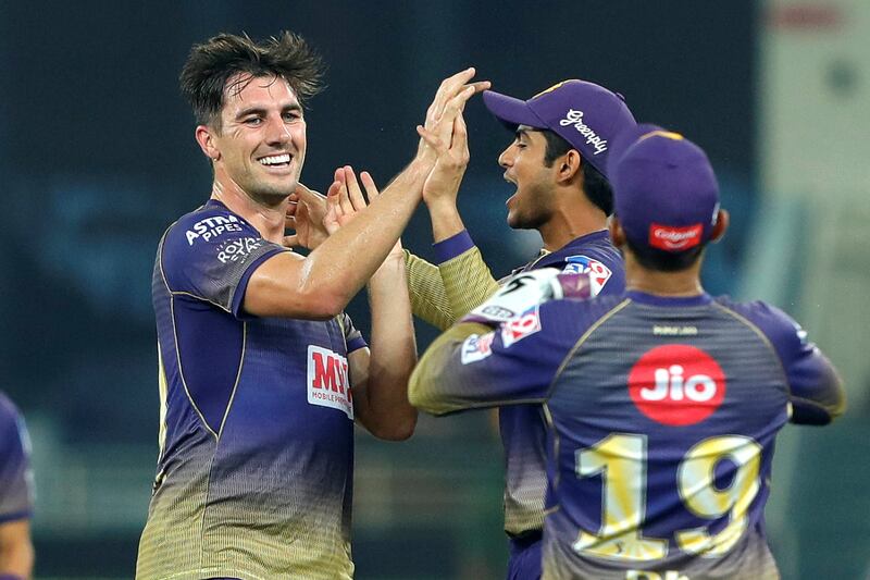 Pat Cummins of Kolkata Knight Riders celebrates the wicket of Steve Smith captain of Rajasthan Royals  during match 54 of season 13 of the Dream 11 Indian Premier League (IPL) between the Kolkata Knight Riders and the Rajasthan Royals held at the Dubai International Cricket Stadium, Dubai in the United Arab Emirates on the 1st November 2020.  Photo by: Saikat Das  / Sportzpics for BCCI