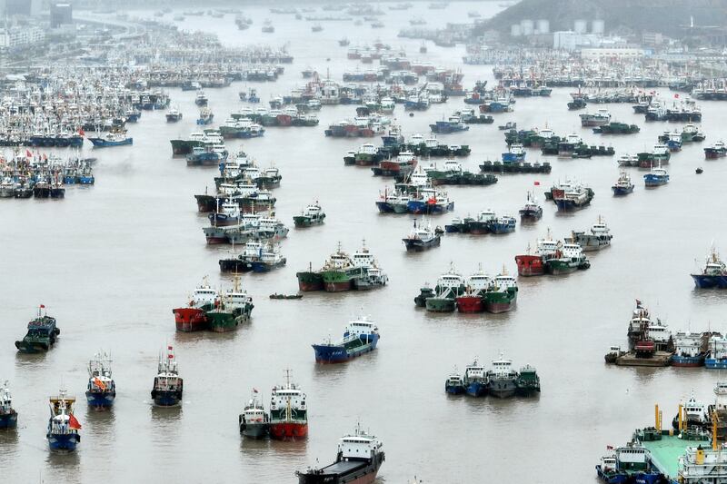 Vessels moored at a fishing port as Typhoon Muifa approaches Zhoushan, Zhejiang province, China. Reuters