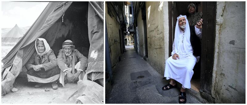 A combination picture shows Palestinian refugees sitting inside their tent in the newly formed Ein El Hilweh refugee camp in Beirut, Lebanon, in this handout picture believed to be taken in 1948. UNRWA/Myrtle Winter Chaumeny/Handout via REUTERS (L) and an elderly Palestinian man sitting with his wife standing behind him, poses for photo inside their house at the Ain el-Hilweh refugee camp near Sidon, southern Lebanon, September 24, 2019. REUTERS/Ali Hashisho ATTENTION EDITORS - THIS IMAGE WAS PROVIDED BY A THIRD PARTY. NO RESALES. NO ARCHIVES SEARCH "UNRWA COMBOS" FOR THIS STORY. SEARCH "WIDER IMAGE" FOR ALL STORIES.