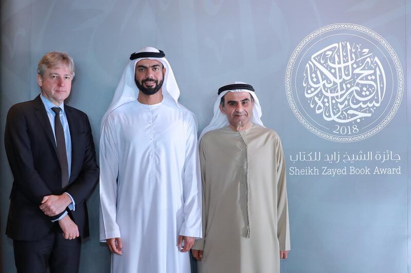 From left: Juergen Boos, president of the Frankfurt Book Fair; Saif Ghobash, Director General of the Department of Culture and Tourism – Abu Dhabi; and D. Ali Bin Tamim, Secretary General of the Sheikh Zayed Book Award announcing the initiative on Sunday.