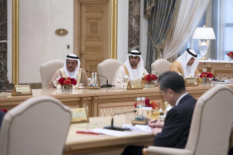 ABU DHABI, UNITED ARAB EMIRATES - July 20, 2018: HE Khaldoon Khalifa Al Mubarak, CEO and Managing Director Mubadala, Chairman of the Abu Dhabi Executive Affairs Authority and Abu Dhabi Executive Council Member (R), HE Dr Sultan Ahmed Al Jaber, UAE Minister of State, Chairman of Masdar and CEO of ADNOC Group (2nd R) and HE Sultan bin Saeed Al Mansouri, UAE Minister of Economy (L), attend a meeting with HE Xi Jinping, President of China (not shown), during a reception at the Presidential Palace. 

( Rashed Al Mansoori / Crown Prince Court - Abu Dhabi )
---