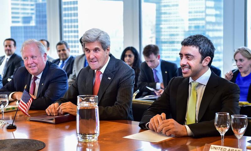 Sheikh Abdullah bin Zayed, Minister of Foreign Affairs and International Cooperation, with John Kerry, the US secretary of state, at a meeting in New York to discuss the crisis in Yemen. Wam