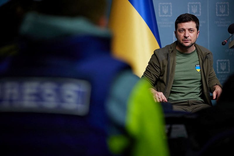 Ukrainian President Volodymyr Zelenskyy attends an interview with foreign media in Kyiv. Reuters