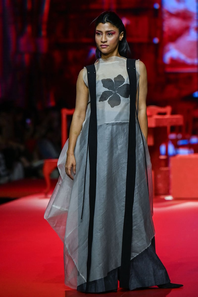 Bollywood actress Konkona Sen Sharma presents a creation by designer Sohaya Misra. AFP