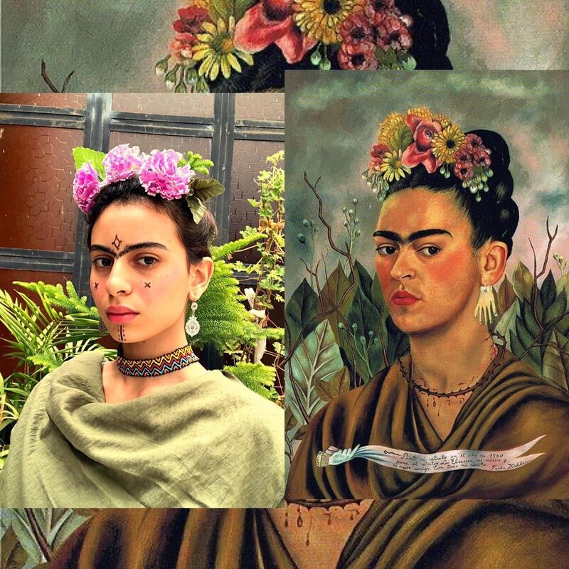 Bouchra recreates a portrait by Mexican painter Frida Kahlo, incorporating traditional face tattoos from Amazigh culture