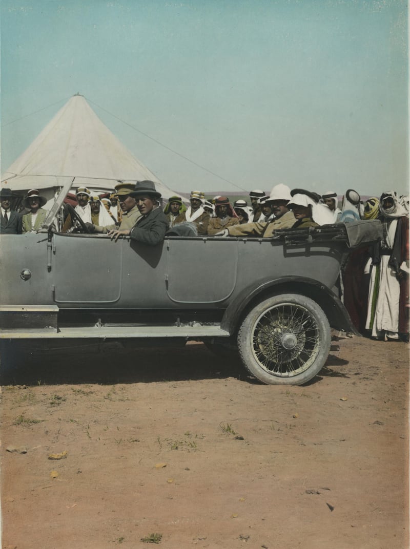 T.E. Lawrence, Sir Herbert Samuel, and others in automobile. Meetings of British, Arab, and Bedouin officials in Amman, Jordan, April 1921. Courtesy Library of Congress, Prints & Photographs Division