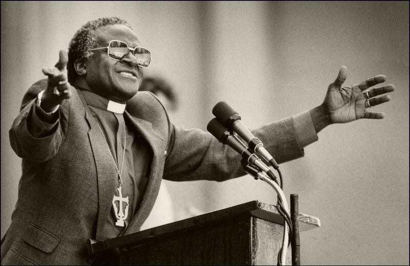 1984. South African religious leader and activist Bishop Desmond Tutu was awarded the prize 'for his role as a unifying leader figure in the non-violent campaign to resolve the problem of apartheid in South Africa'. Pictured here giving an impassioned speech at the University of California Berkeley in 1985. Getty Images