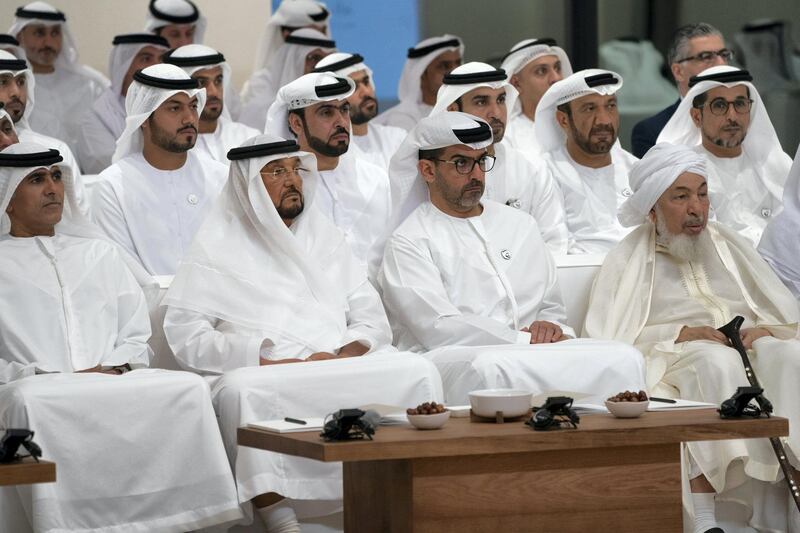 ABU DHABI, UNITED ARAB EMIRATES - May 15, 2019: HH Sheikh Hamed bin Zayed Al Nahyan, Chairman of the Crown Prince Court of Abu Dhabi and Abu Dhabi Executive Council Member (2nd R), attends a panel discussion hosted by Abdulrahman Al Shamsi (not shown) and Maria Al Hatali (not shown), titled: “The Manipulation of Religious Texts by Extremists”, at Majlis Mohamed bin Zayed. Seen with HE Shaykh Abdallah bin Bayyah (R) and HH Sheikh Mohamed bin Butti Al Hamed (2nd L).

( Eissa Al Hammadi for the Ministry of Presidential Affairs )
---