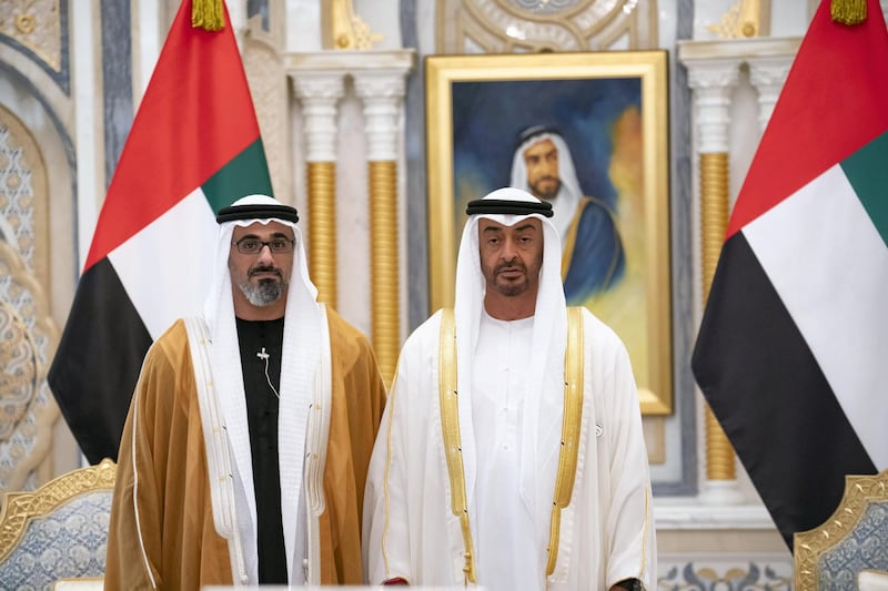 ABU DHABI, UNITED ARAB EMIRATES - March 10, 2019: HH Sheikh Mohamed bin Zayed Al Nahyan, Crown Prince of Abu Dhabi and Deputy Supreme Commander of the UAE Armed Forces (R), stands for a photograph with HH Major General Sheikh Khaled bin Mohamed bin Zayed Al Nahyan, Deputy National Security Adviser and Abu Dhabi Executive Council Member (L), during the swearing-in ceremony for new members of the Abu Dhabi Executive Council, at the Presidential Palace.

( Ryan Carter for the Ministry of Presidential Affairs)
---