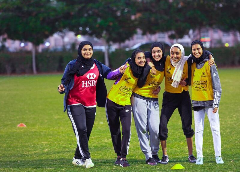 From left to right, Emirati rugby players Asma Al Zaabi, Rouda Al Suaidi, Shamsa Al Muhairi, Hind Al Muathem and Maryam Al Hay.