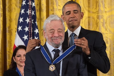 US President Barack Obama presents the Presidential Medal of Freedom to theatre composer and lyricist Stephen Sondheim at the White House on November 24, 2015. AFP