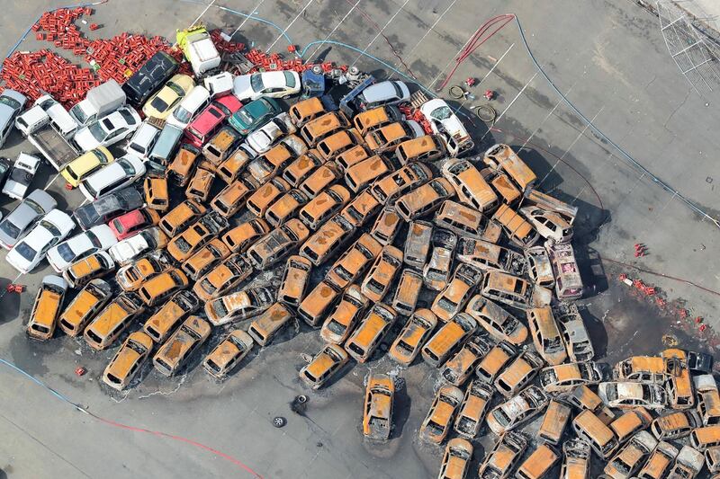 Passenger vehicles which were burnt after a storm surge and strong winds caused by typhoon Jebi in Nishinomiya, Hyogo prefecture, Japan. AFP