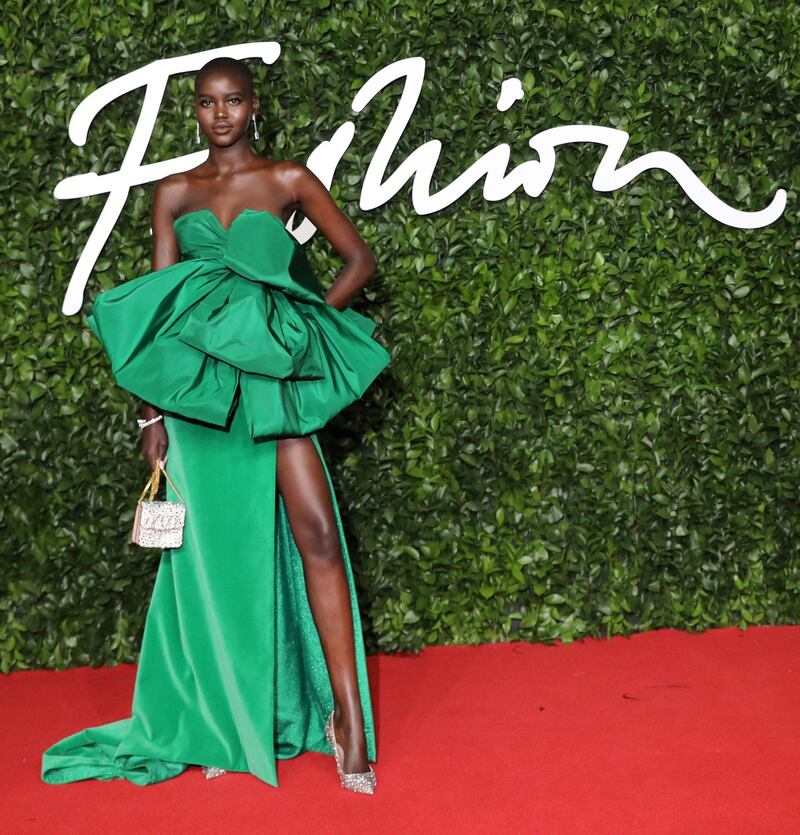 Adut Akech in Valentino arrives at the 2019 British Fashion Awards in London on December 2, 2019. AFP