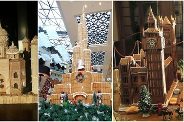 The Taj Mahal, Burj Khalifa and Big Ben crafted in gingerbread. 