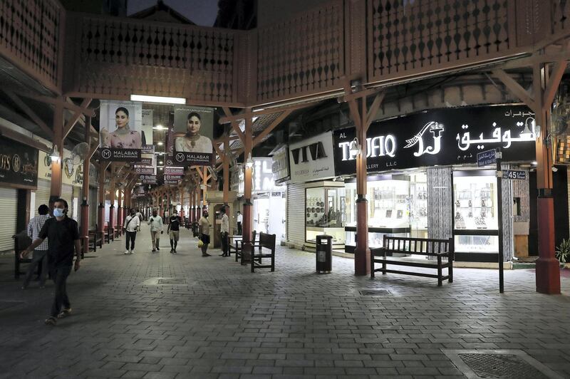 DUBAI, UNITED ARAB EMIRATES , April 27 – 2020 :- Some of the shops opened in Gold Souk area in Deira Dubai. Authorities ease the restriction for the residents after almost a month long locked down of Al Ras district. (Pawan Singh / The National) For News/Standalone/Online/Instagram
