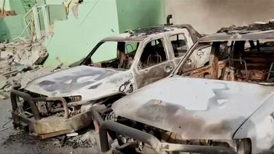 Destroyed security vehicles in Ghazni City, Afghanistan are seen in this still image taken from a video by Ariana News on August 13, 2018. Ariana News via REUTERS TV  ATTENTION EDITORS - THIS IMAGE HAS BEEN PROVIDED BY A THIRD PARTY. AFGHANISTAN OUT.