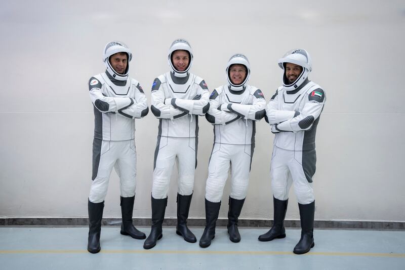 SpaceX Crew-6 astronauts pose for a portrait during a crew equipment integration test at the company's headquarters in Hawthorne, California. From left, in their pressure suits are, Mission Specialist Andrey Fedyaev of Roscosmos; Pilot Warren 'Woody' Hoburg and Commander Stephen Bowen, both from Nasa; and Mission Specialist Sultan Alneyadi from the Mohammed bin Rashid Space Centre.