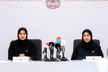 Dr Amna Al Dahak, (L), assistant undersecretary at the Ministry of Education and Dr. Najiba M Abdularazzaq, head of the Infection Prevention and Controls Central Committee at the Ministry of Health at a press conference on Covid-19. Reem Mohammed / The National 