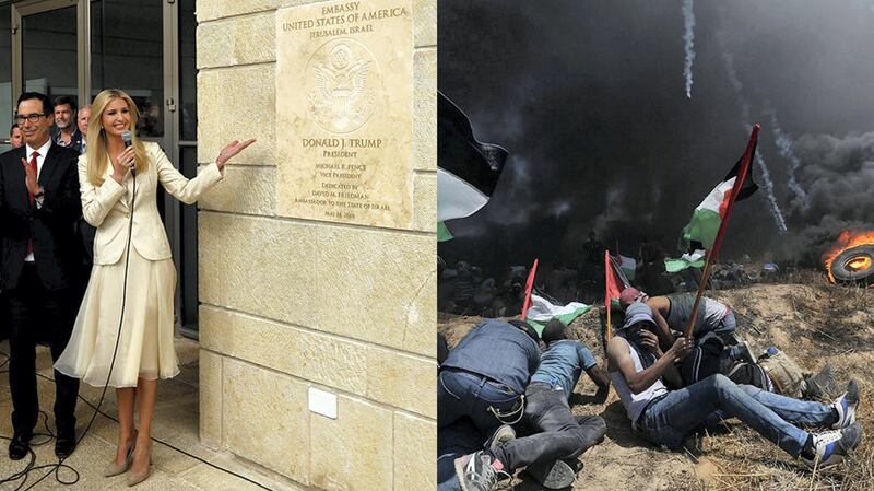 Senior White House Adviser Ivanka Trump and US Treasury Secretary Steven Mnuchin at the dedication plaque as the US embassy opened in Jerusalem on May 14, 2018, but in Gaza, protests against the embassy's relocation from Tel Aviv to the holy city left more than 55 dead, as Israeli armed forces fired and dispersed tear gas against demonstrators. Ronen Zvulun and Ibraheem Abu Mustafa / Reuters