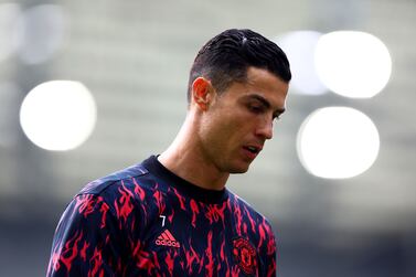 BRIGHTON, ENGLAND - MAY 07: Cristiano Ronaldo of Manchester United looks on during warm up for the Premier League match between Brighton & Hove Albion and Manchester United at American Express Community Stadium on May 07, 2022 in Brighton, England. (Photo by Bryn Lennon / Getty Images)