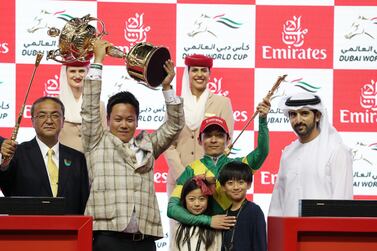 Sheikh Hamdan bin Mohammed, Crown Prince of Dubai, and the team behind 2023 Dubai World Cup winner Ushba Tesoro. Chris Whiteoak / The National