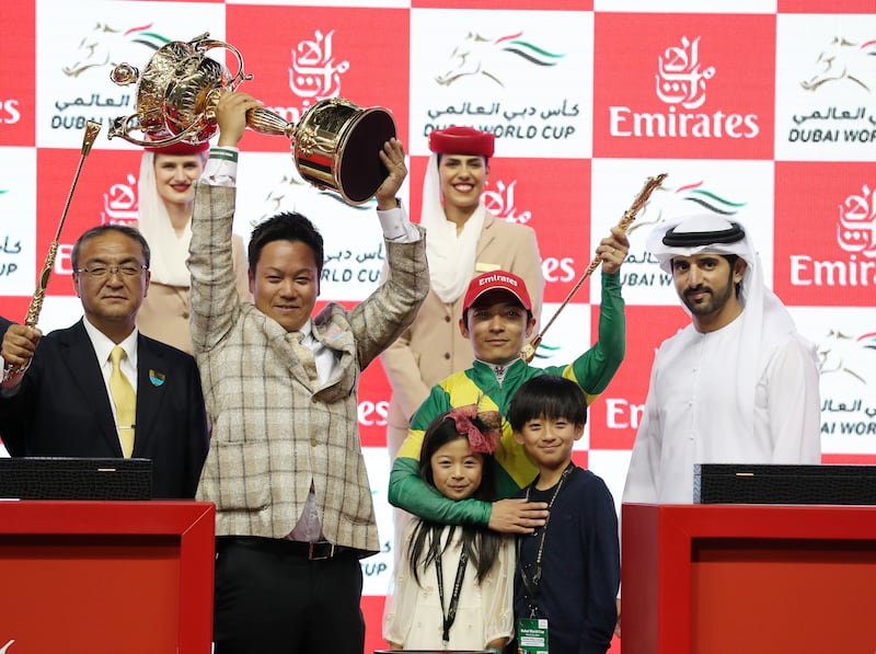 Sheikh Hamdan bin Mohammed, Crown Prince of Dubai, and the team behind 2023 Dubai World Cup winner Ushba Tesoro. Chris Whiteoak / The National