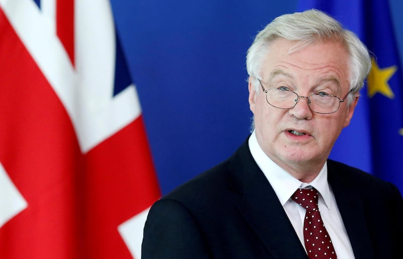FILE PHOTO: Britain's Secretary of State for Exiting the European Union David Davis speaks during a joint news conference with European Union's chief Brexit negotiator Michel Barnier (not pictured) ahead of Brexit talks in Brussels, Belgium August 28, 2017. REUTERS/Francois Lenoir/File Photo