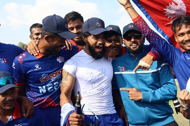 Nepal team celebrate after beating UAE during match between the United Arab Emirates and Nepal in the semifinals of ICC Men's T20 World Cup Final Asia in Mulpani Cricket Ground, Kathmandu on Friday.
