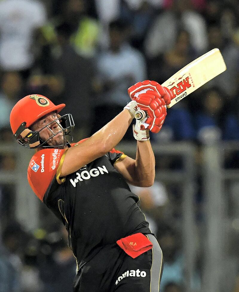 Royal Challengers Bangalore cricketer AB de Villiers plays a shot during the 2019 Indian Premier League (IPL) Twenty20 cricket match between Mumbai Indians and Royal Challengers Bangalore at the Wankhede Stadium in Mumbai on April 15, 2019. (Photo by Indranil MUKHERJEE / AFP) / ----IMAGE RESTRICTED TO EDITORIAL USE - STRICTLY NO COMMERCIAL USE----- / GETTYOUT