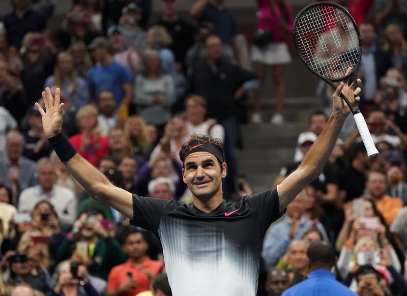 Roger Federer of Switzerland celebrates his victory over Feliciano Lopez of Spain during their 2017 US Open Men's Singles match at the USTA Billie Jean King National Tennis Center in New York on September 2, 2017. / AFP PHOTO / DON EMMERT