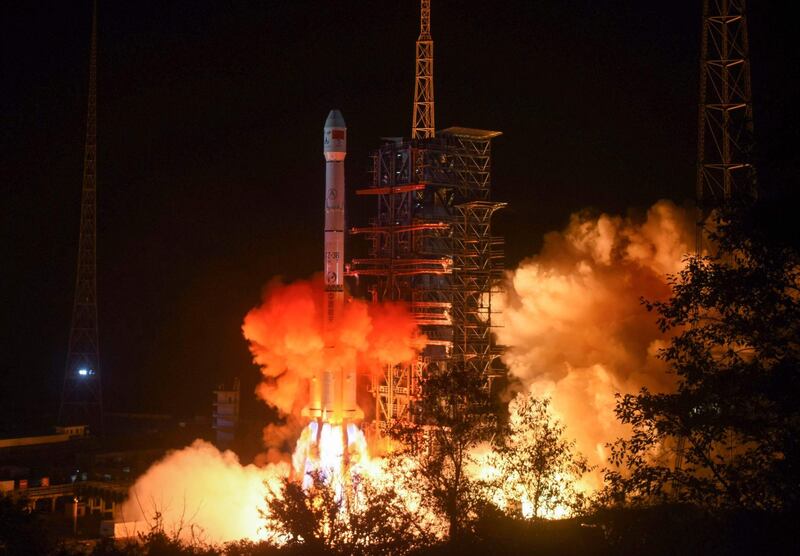 (FILES) This file picture taken early on December 8, 2018 shows a Long March 3B rocket, transporting the Chang'e-4 lunar rover, lifting off from the Xichang launch centre in Xichang in China's southwestern Sichuan province.  China's Chang'e-4 lunar rover landed on the far side of the moon on January 3, 2019, the first probe to do so, state broadcaster CCTV reported. - China OUT
 / AFP / STR
