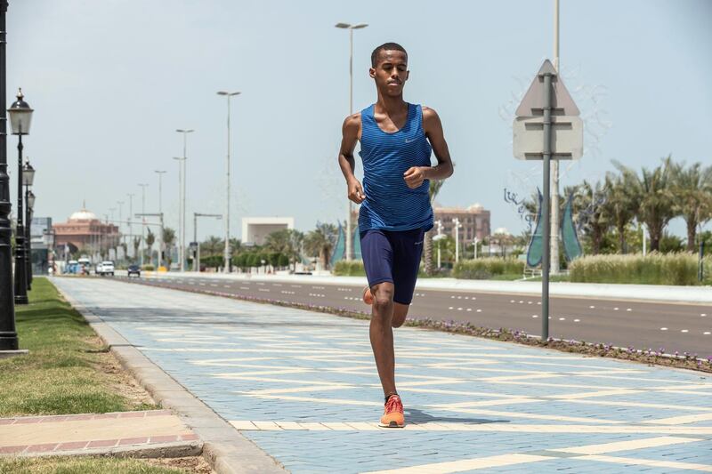 ABU DHABI, UNITED ARAB EMIRATES. 02 MAY 2020. UAE-born Somali distance runner Abdulsalam Farah. He was to represent the UAE University at the World University Games in Morocco but that event unfortunately got postponed due to the current Covid-19 pandemic. (Photo: Antonie Robertson/The National) Journalist: Amith Passela. Section: Sport.