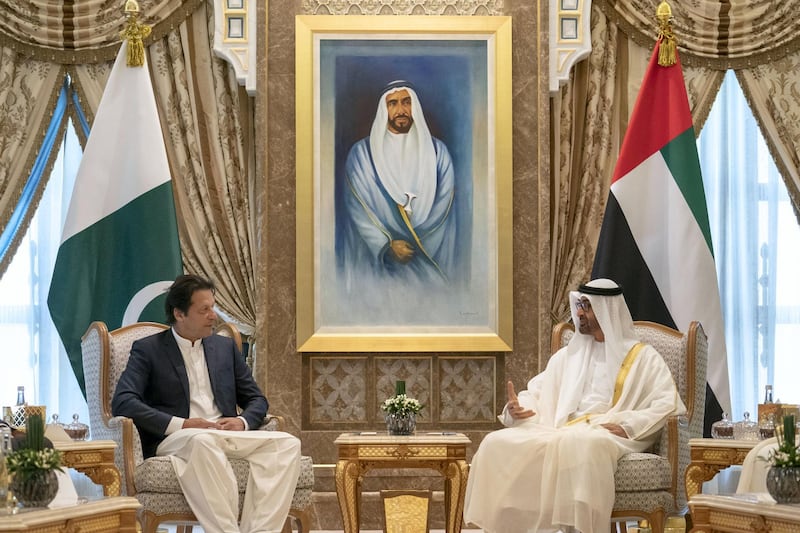 ABU DHABI, UNITED ARAB EMIRATES - November 18, 2018: HH Sheikh Mohamed bin Zayed Al Nahyan Crown Prince of Abu Dhabi Deputy Supreme Commander of the UAE Armed Forces (R), meets with HE Imran Khan, Prime Minister of Pakistan (L), at the Presidential Palace.

( Hamad Al Kaabi / Ministry of Presidential Affairs )?
---