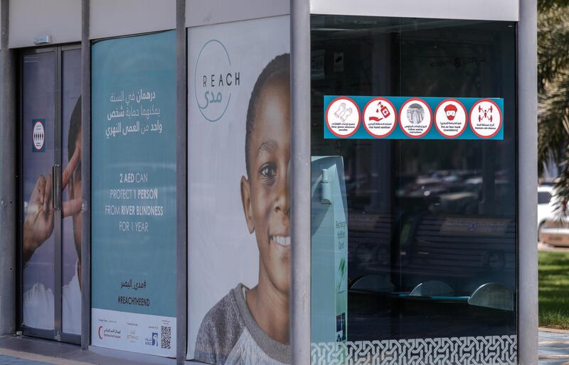 Abu Dhabi, United Arab Emirates, September 15, 2020.  The new air-conditioned bus stops with Covid-19 restrictions along the Corniche,Abu Dhabi.
Victor Besa /The National
Section:  NA/Stock Images
Reporter:
