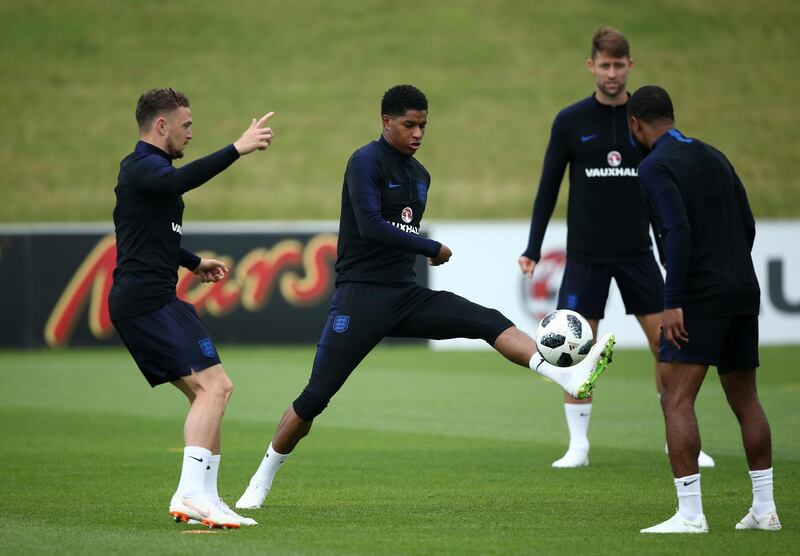 Kieran Trippier and Marcus Rashford in action during a training session at St Georges Park on May 28, 2018 in Burton-upon-Trent, England. Jan Kruger / Getty Images