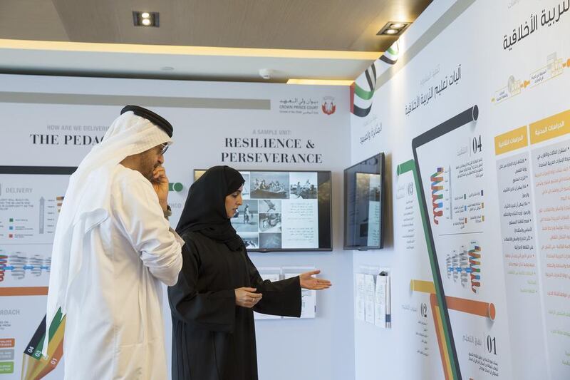 Sheikh Mohammed is briefed on the curriculum which divided into four main pillars: character and ethics, individual and community, civic education and cultural education. Mohammed Al Hammadi / Crown Prince Court - Abu Dhabi