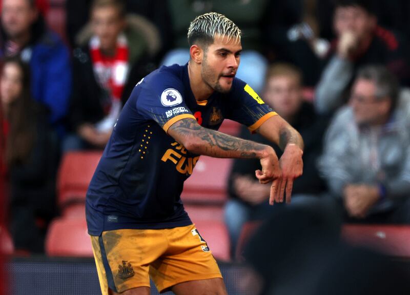 Bruno Guimaraes celebrates scoring for Newcastle. PA