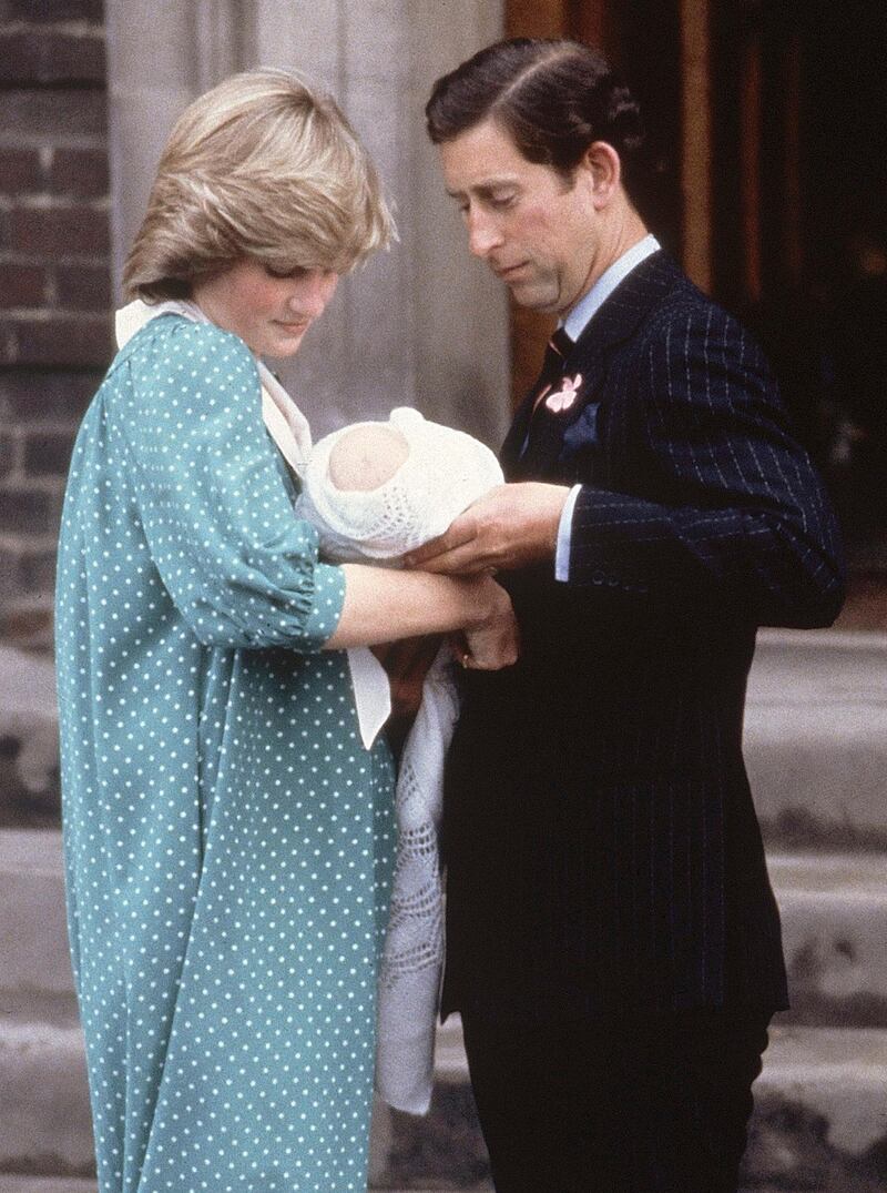 FILE - In this June 22, 1982, file photo, Britain's Prince Charles, Prince of Wales, and wife Princess Diana take home their newborn son Prince William, as they leave St. Mary's Hospital in London. It was announced  on Monday, July 22, 2013, in London that Kate, Duchess of Cambridge and her husband Prince William, the Duke of Cambridge, gave birth to a boy weighting 8lbs  6 oz.  (AP Photo/John Redman, File) *** Local Caption ***  Britain Royal Baby.JPEG-0f2b3.jpg