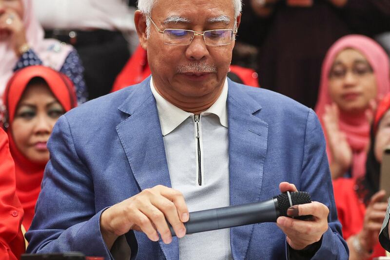 epa06729567 United Malays National Organisation (UMNO) party president and and chairman of the Barisan National (National Front coalition) Najib Razak reacts during a press conference in Kuala Lumpur, Malaysia, 12 May 2018. Razak stepped down as UMNO party president and chairman of the Barisan National coalition on 12 May. Former deputy prime minister Ahmad Zahid Hamidi will take over as acting president.  EPA/FAZRY ISMAIL