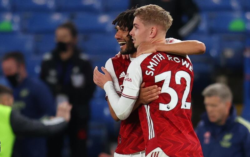 Arsenal's Mohamed Elneny and Emile Smith Rowe celebrate after the match. EPA