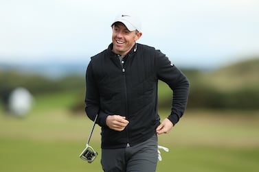 ST ANDREWS, SCOTLAND - SEPTEMBER 28: Rory McIlroy of Northern Ireland smiles on course during a practice round prior to the Alfred Dunhill Links Championship on the Old Course St. Andrews on September 28, 2022 in St Andrews, Scotland. (Photo by Jan Kruger / Getty Images)