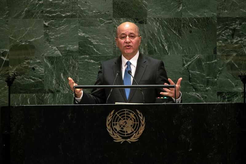 Barham Salih, Iraq's president, speaks during the UN General Assembly meeting in New York, U.S., on Wednesday, Sept. 25, 2019. During a meeting on the sidelines of the UNGA, President Trump and Salih discussed how best to enhance U.S.-Iraq partnerships in security, trade and energy. Photographer: Jeenah Moon/Bloomberg