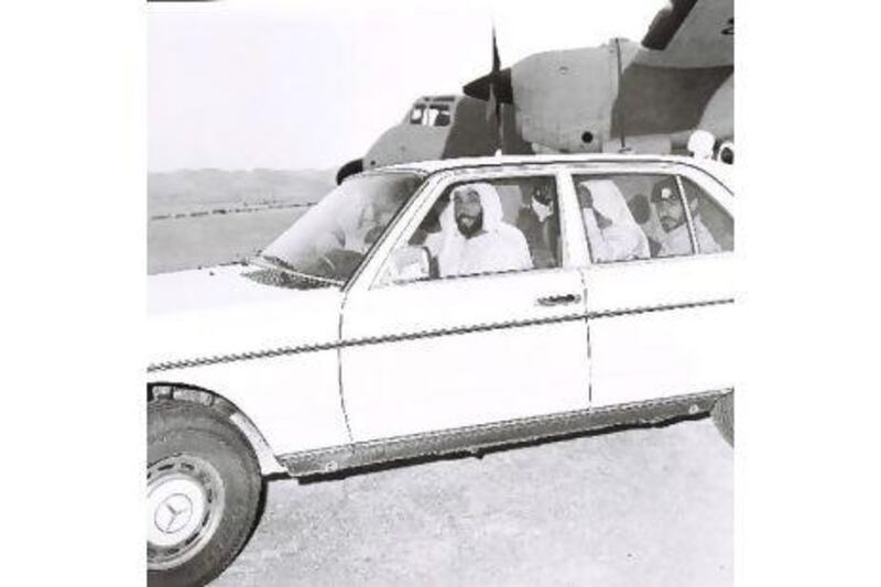 Sheikh Zayed in one of his many Mercedes in 1979, which was fitted with bigger tyres for desert travel.