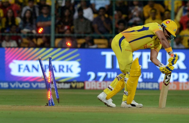 Suresh Raina of Chennai Super Kings is clean bowled by Dale Steyn of Royal Challengers Bangalore during the VIVO IPL T20 cricket match between Royal Challengers Bangalore and Chennai Super Kings in Bangalore, India, Sunday, April 21, 2019. (AP Photo/Bangalore News Photos)