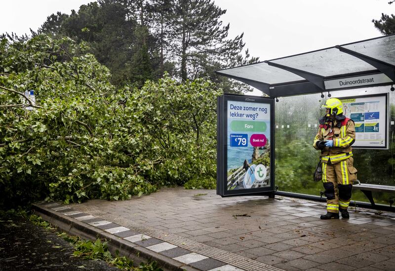 A firefighter stands near an uprooted tree at a public transport stop in Haarlem. EPA