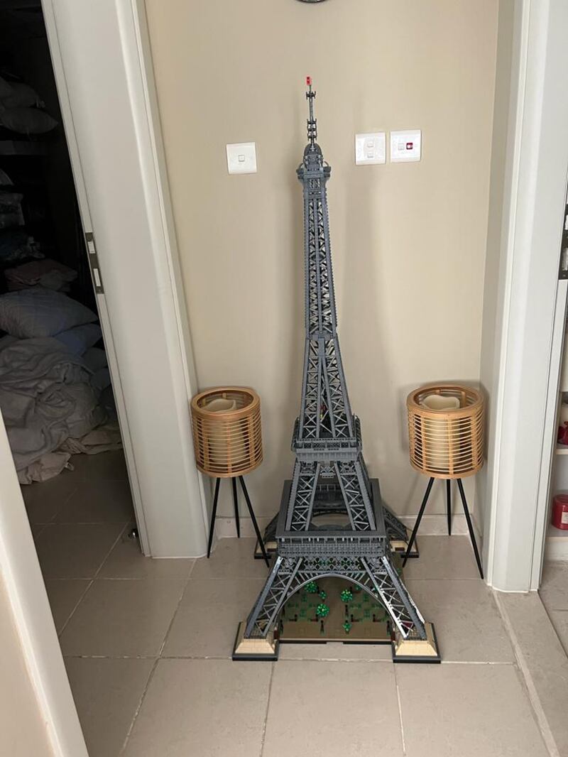 A 150cm Eiffel Tower made of Lego in the hallway